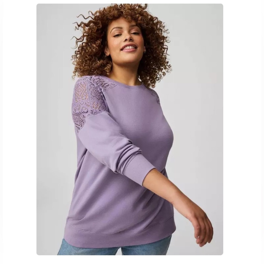 Torrid Size 2X Crochet Lacey Shoulder Crew Sweatshirt Dusky Mauve Purple